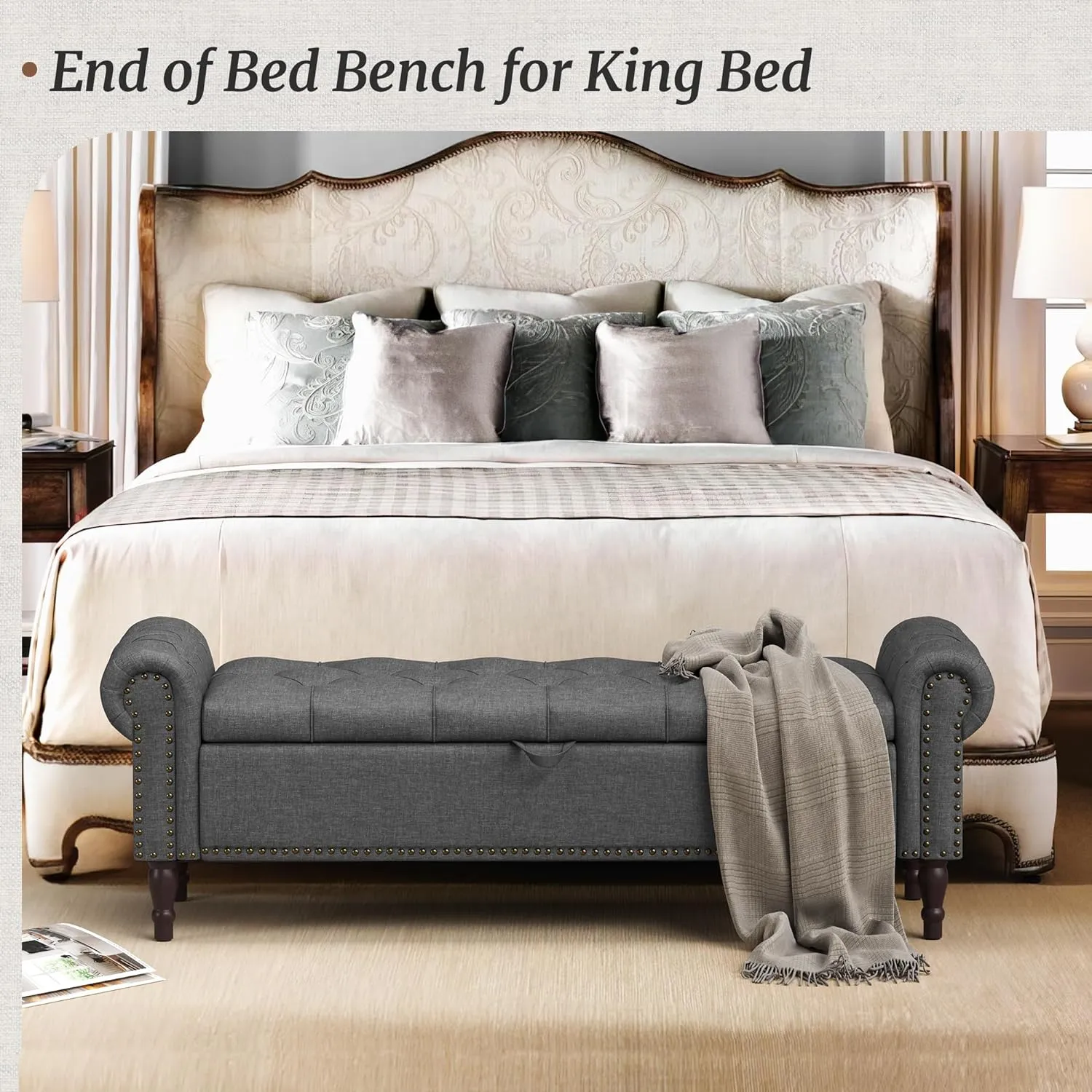 Storage Bench Ottoman, 62" Long King Linen Rolled Arm Bedroom End of Bed Bench, Window Bench with Button Tufted and Nailhead Trim for Foot of Bed Bench, Bedroom, Entryway, Living Room, Gray