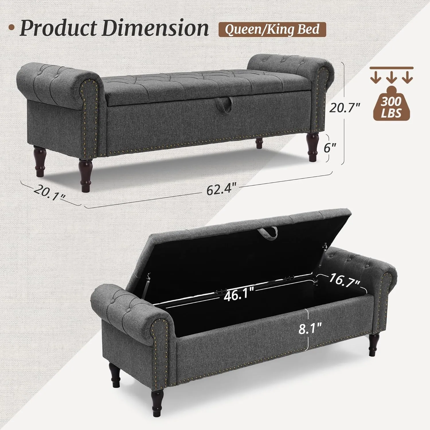 Storage Bench Ottoman, 62" Long King Linen Rolled Arm Bedroom End of Bed Bench, Window Bench with Button Tufted and Nailhead Trim for Foot of Bed Bench, Bedroom, Entryway, Living Room, Gray