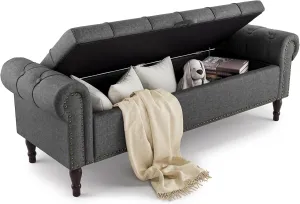 Storage Bench Ottoman, 62" Long King Linen Rolled Arm Bedroom End of Bed Bench, Window Bench with Button Tufted and Nailhead Trim for Foot of Bed Bench, Bedroom, Entryway, Living Room, Gray