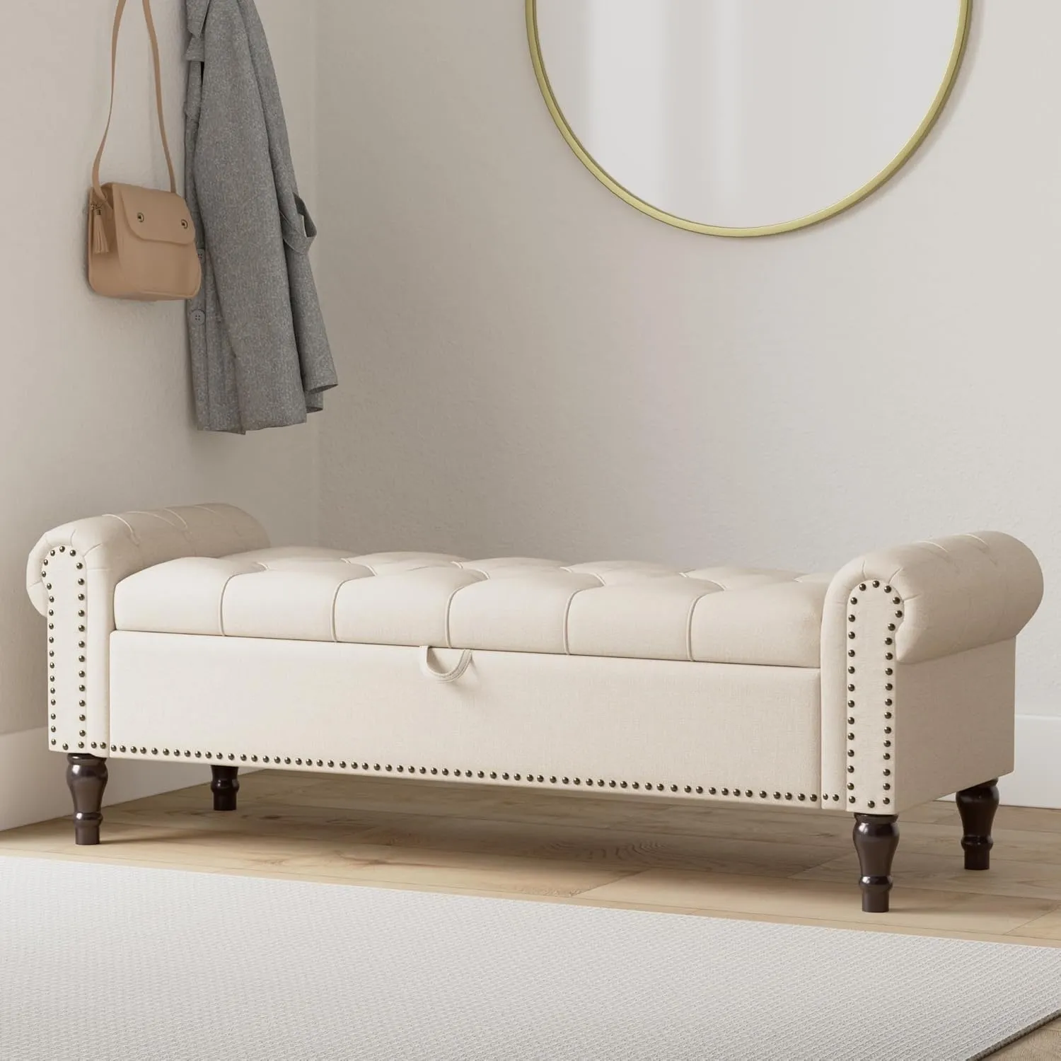 Storage Bench Ottoman, 62" Long King Linen Rolled Arm Bedroom End of Bed Bench, Window Bench with Button Tufted and Nailhead Trim for Foot of Bed Bench, Bedroom, Entryway, Living Room, Wheat