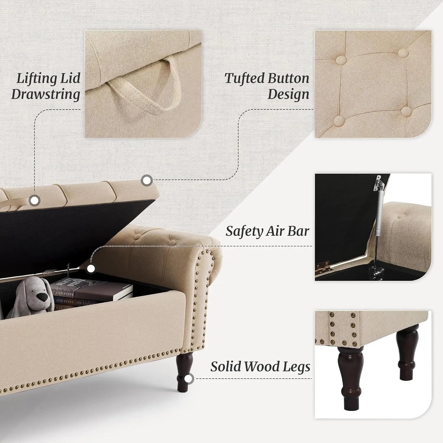 Storage Bench Ottoman, 62" Long King Linen Rolled Arm Bedroom End of Bed Bench, Window Bench with Button Tufted and Nailhead Trim for Foot of Bed Bench, Bedroom, Entryway, Living Room, Wheat