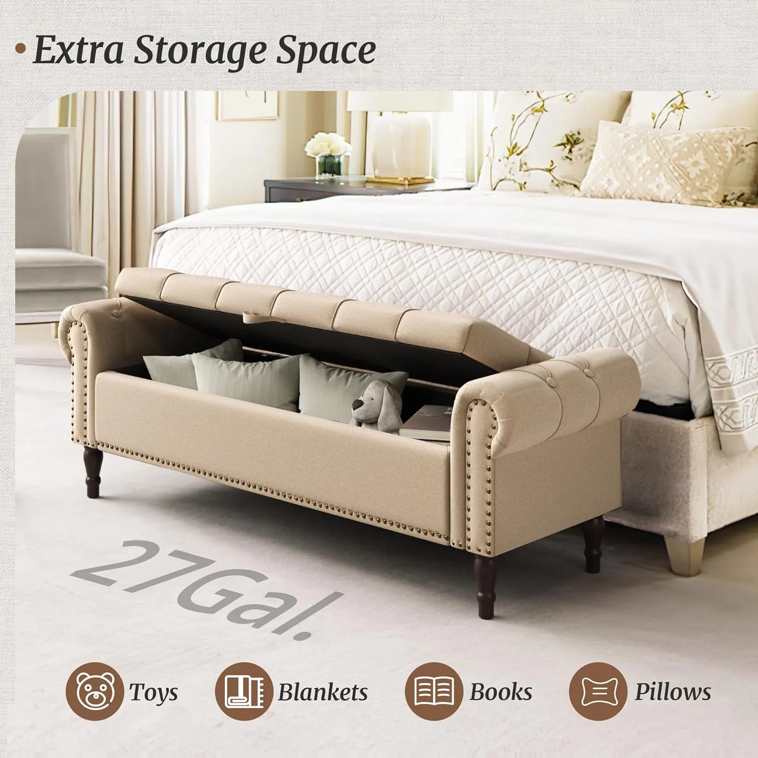 Storage Bench Ottoman, 62" Long King Linen Rolled Arm Bedroom End of Bed Bench, Window Bench with Button Tufted and Nailhead Trim for Foot of Bed Bench, Bedroom, Entryway, Living Room, Wheat