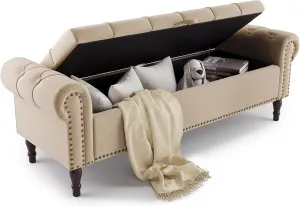 Storage Bench Ottoman, 62" Long King Linen Rolled Arm Bedroom End of Bed Bench, Window Bench with Button Tufted and Nailhead Trim for Foot of Bed Bench, Bedroom, Entryway, Living Room, Wheat