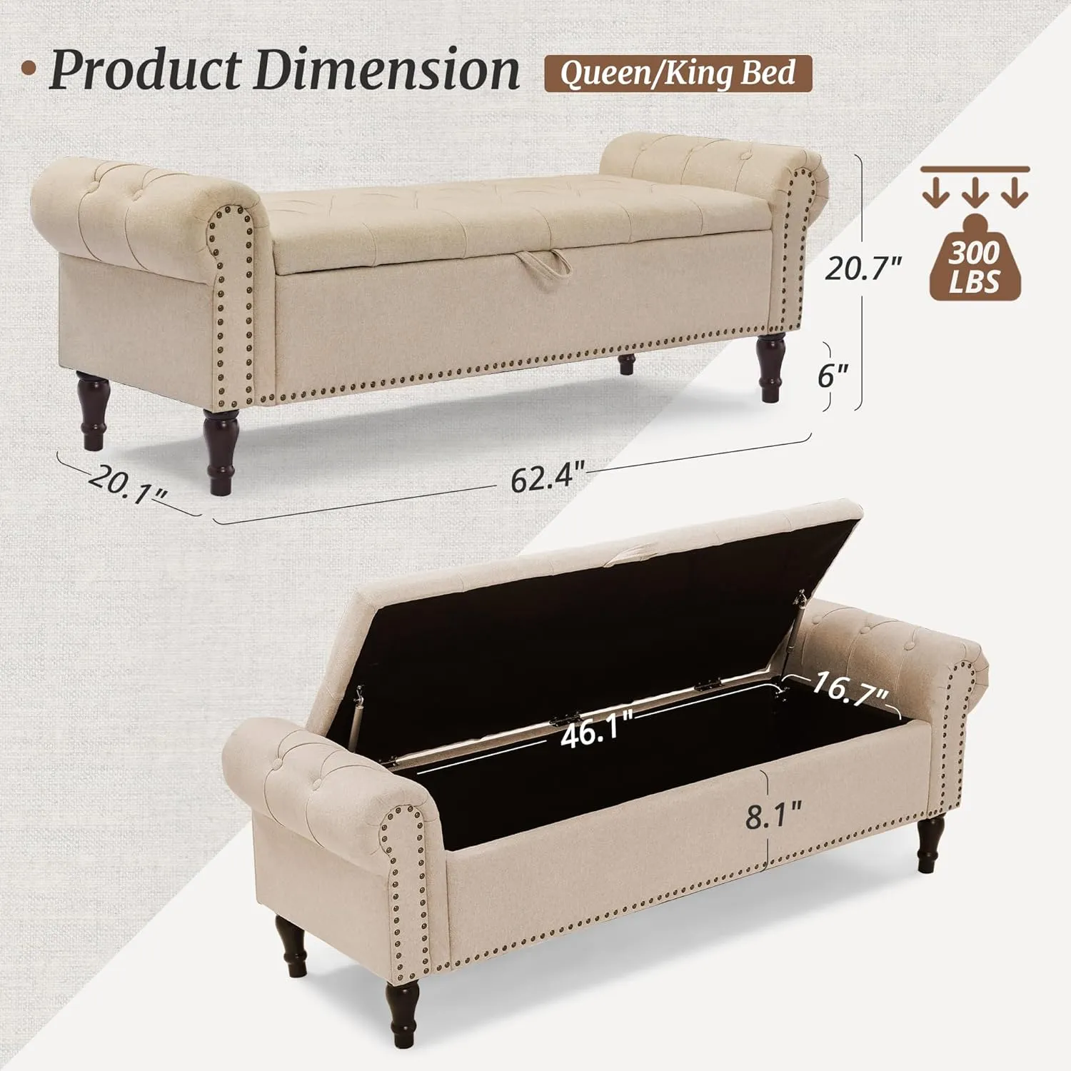 Storage Bench Ottoman, 62" Long King Linen Rolled Arm Bedroom End of Bed Bench, Window Bench with Button Tufted and Nailhead Trim for Foot of Bed Bench, Bedroom, Entryway, Living Room, Wheat