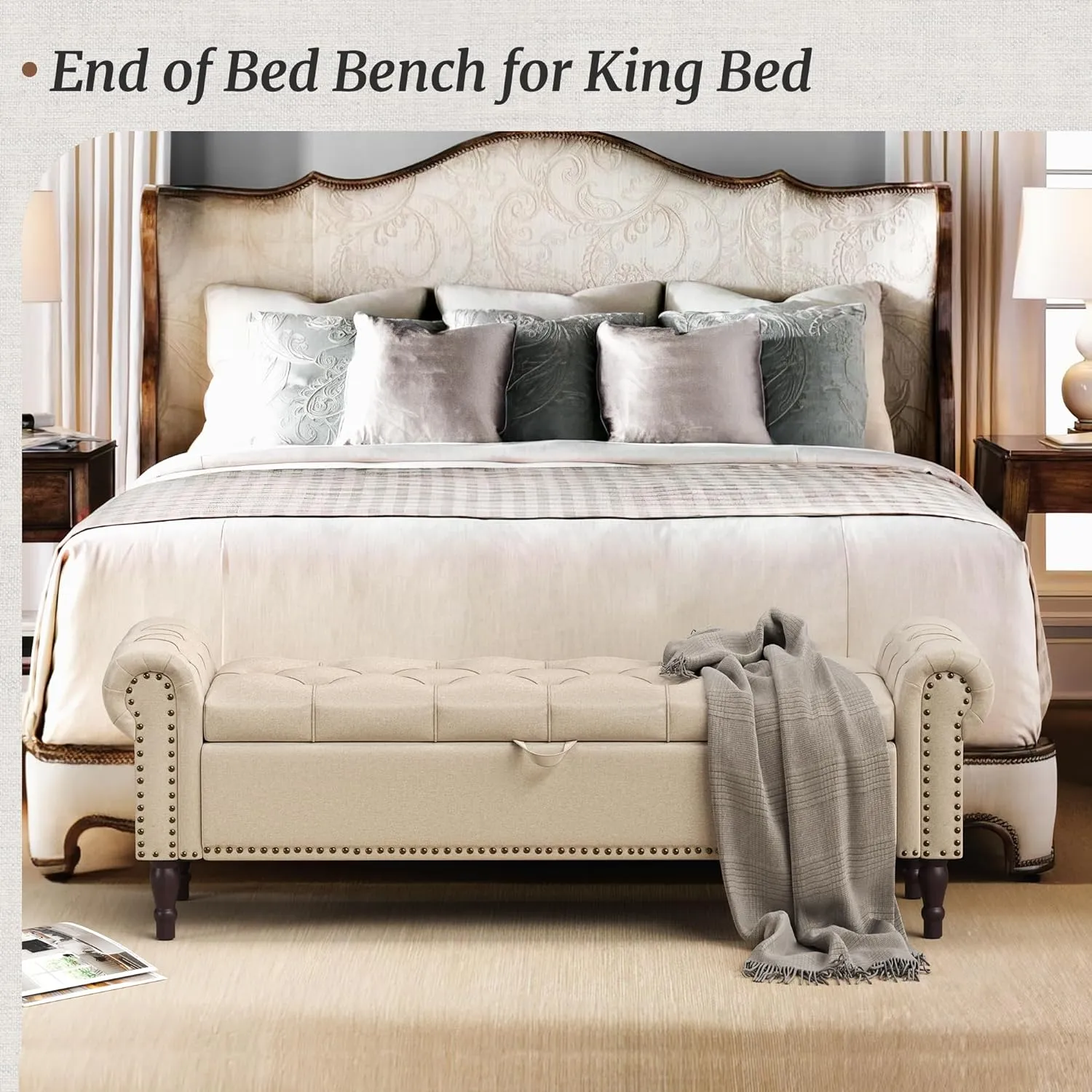 Storage Bench Ottoman, 62" Long King Linen Rolled Arm Bedroom End of Bed Bench, Window Bench with Button Tufted and Nailhead Trim for Foot of Bed Bench, Bedroom, Entryway, Living Room, Wheat