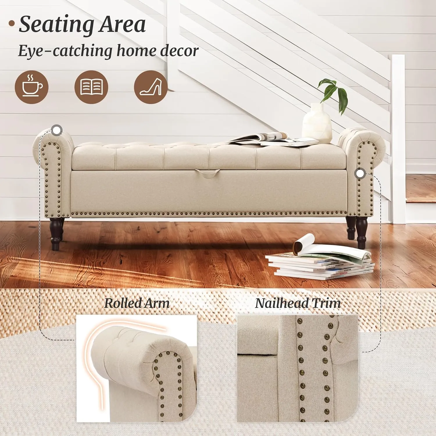Storage Bench Ottoman, 62" Long King Linen Rolled Arm Bedroom End of Bed Bench, Window Bench with Button Tufted and Nailhead Trim for Foot of Bed Bench, Bedroom, Entryway, Living Room, Wheat