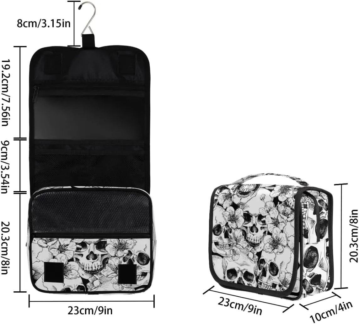 Sugar Skull Blossom Flowers Print Hanging Toiletry Bag Travel Bag with Hanging Hook Large Cosmetic Bag Travel Organizer Toiletry Kit for Woman Man