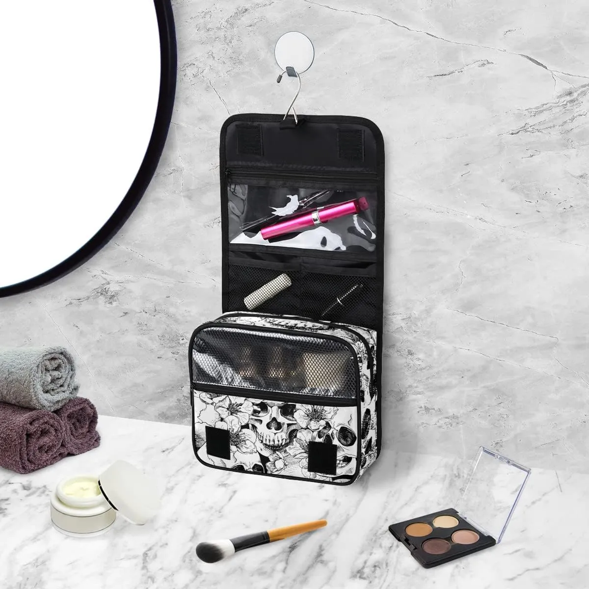 Sugar Skull Blossom Flowers Print Hanging Toiletry Bag Travel Bag with Hanging Hook Large Cosmetic Bag Travel Organizer Toiletry Kit for Woman Man