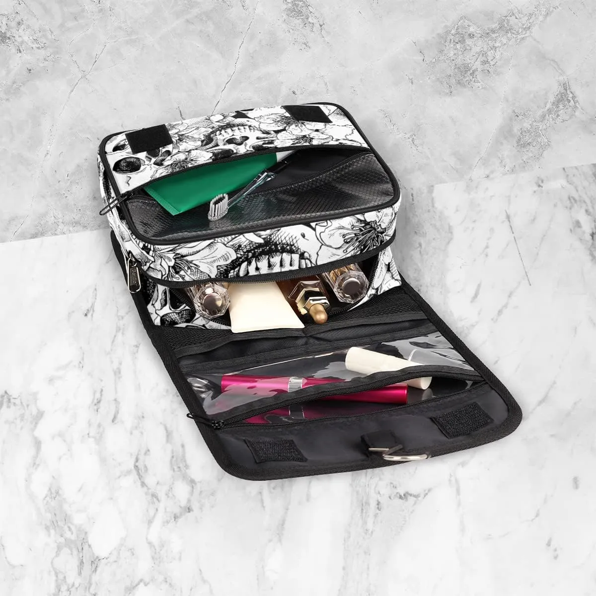 Sugar Skull Blossom Flowers Print Hanging Toiletry Bag Travel Bag with Hanging Hook Large Cosmetic Bag Travel Organizer Toiletry Kit for Woman Man
