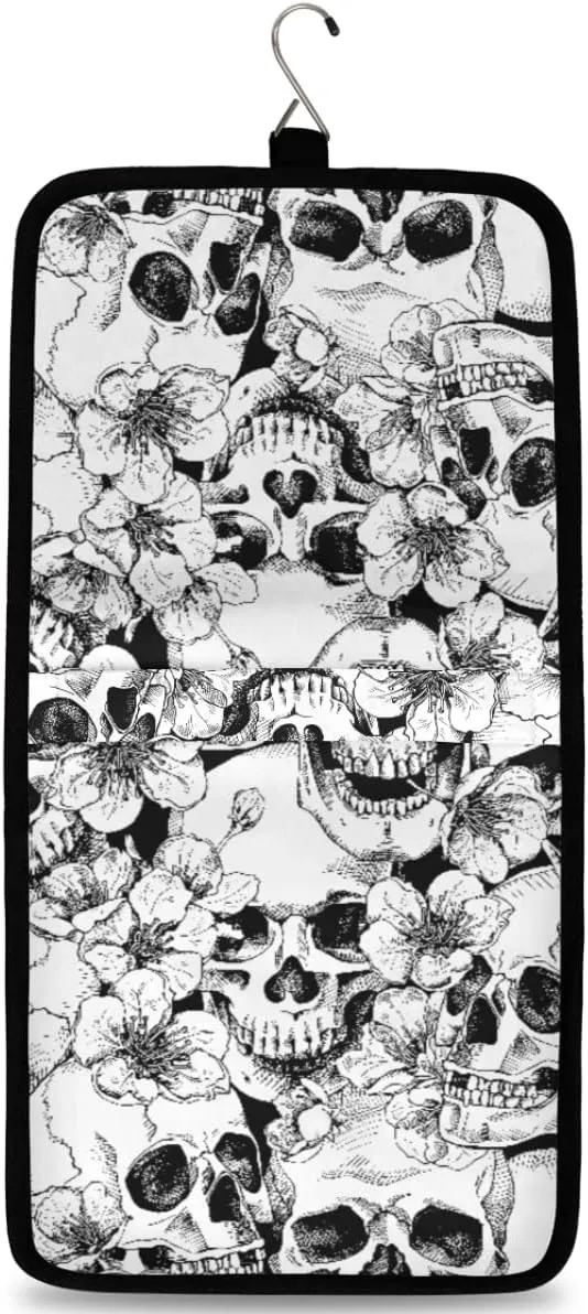 Sugar Skull Blossom Flowers Print Hanging Toiletry Bag Travel Bag with Hanging Hook Large Cosmetic Bag Travel Organizer Toiletry Kit for Woman Man