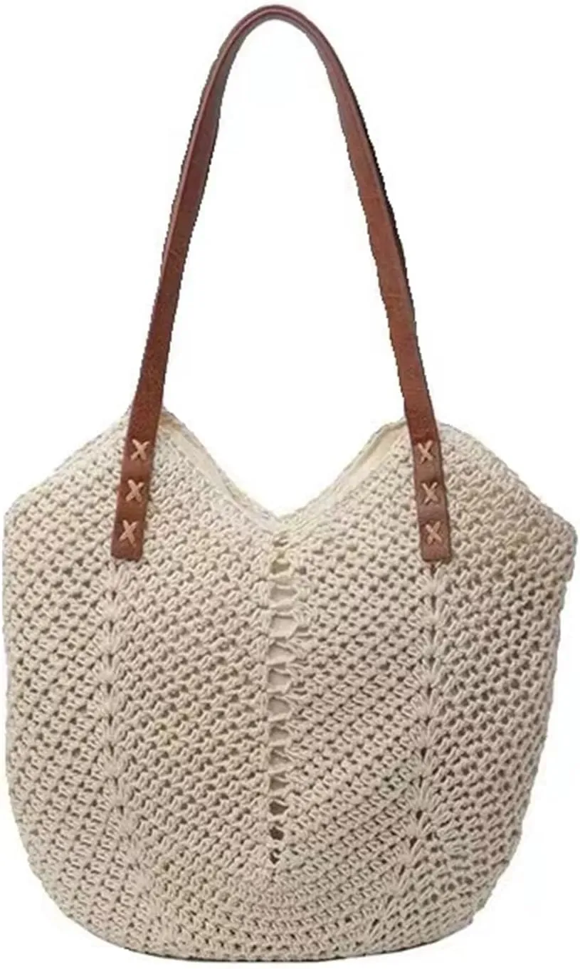 Summer Beige Cotton Knitted Shoulder Bag bags for 2025, Bohemian Hobo Crochet Beach bag Casual Designer Purse for Women