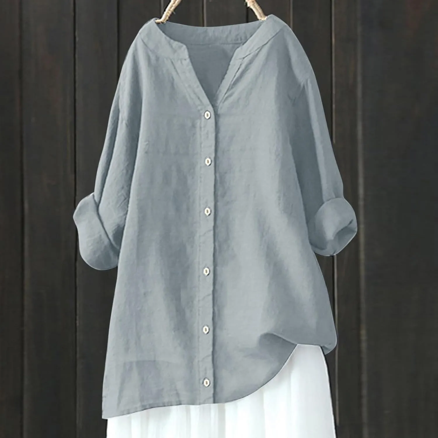 Summer Linen Tops for Women 2024 Vacation Trendy V Neck Long Sleeve Shirts Casual Button Up Tunic Clothes