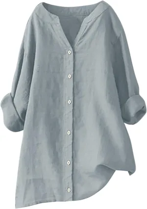 Summer Linen Tops for Women 2024 Vacation Trendy V Neck Long Sleeve Shirts Casual Button Up Tunic Clothes