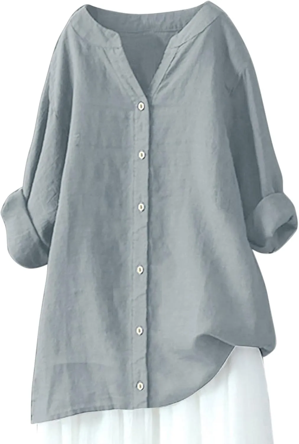 Summer Linen Tops for Women 2024 Vacation Trendy V Neck Long Sleeve Shirts Casual Button Up Tunic Clothes