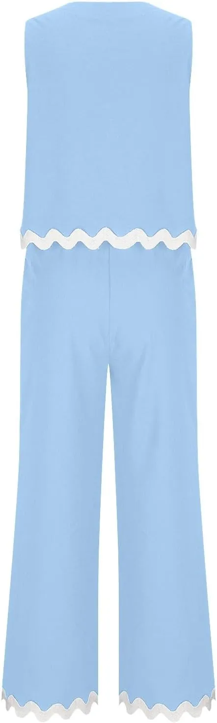 Summer Vacation Outfits For Women 2024 Casual Sleeveless Ric Rac Crop Tops Wide Leg Long Pants Matching Lounge Set