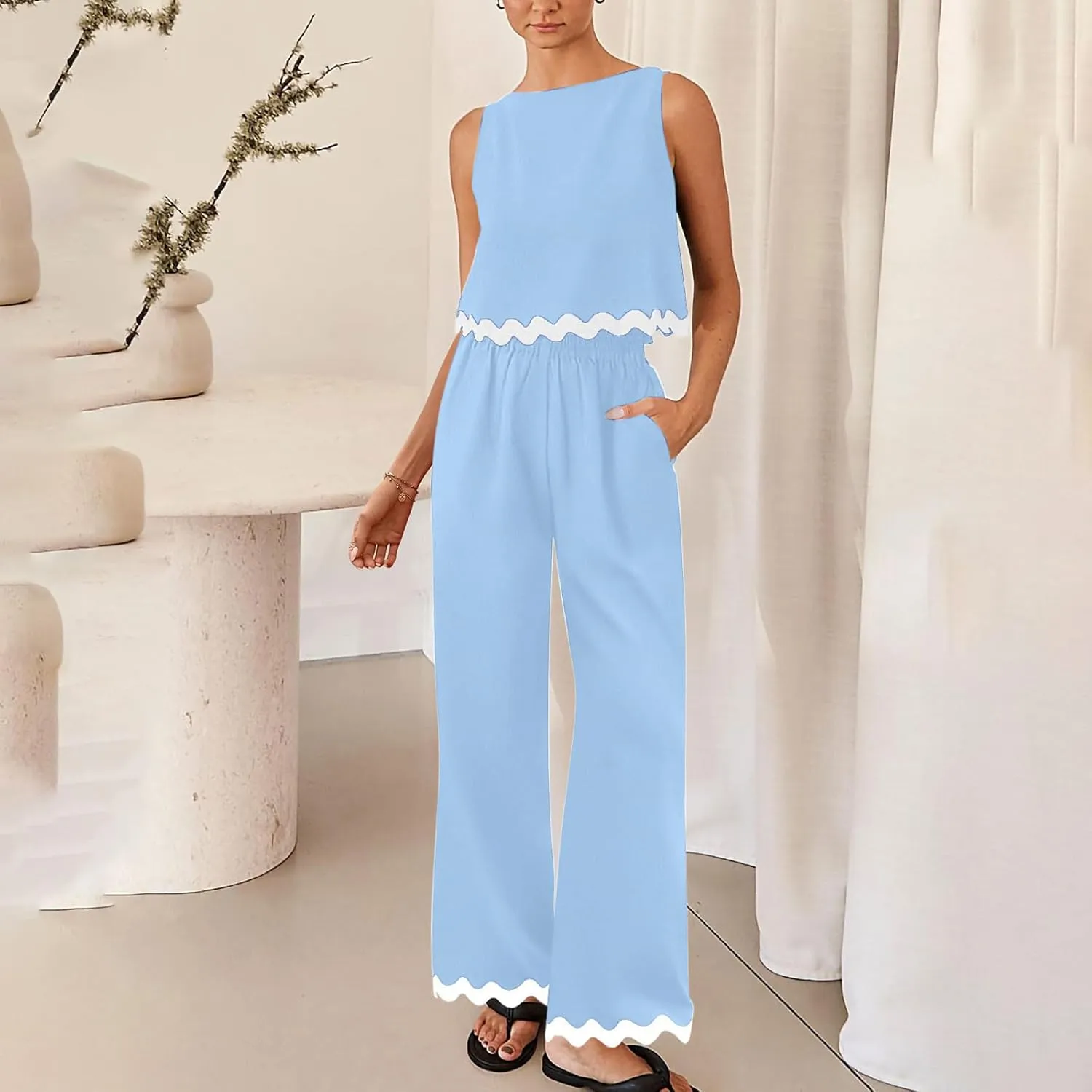Summer Vacation Outfits For Women 2024 Casual Sleeveless Ric Rac Crop Tops Wide Leg Long Pants Matching Lounge Set