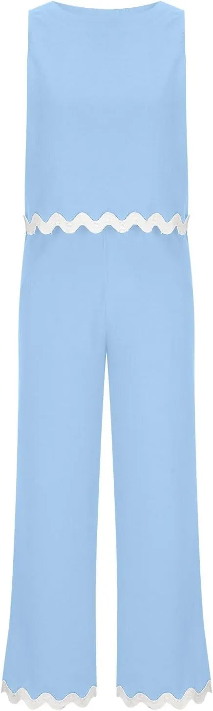 Summer Vacation Outfits For Women 2024 Casual Sleeveless Ric Rac Crop Tops Wide Leg Long Pants Matching Lounge Set