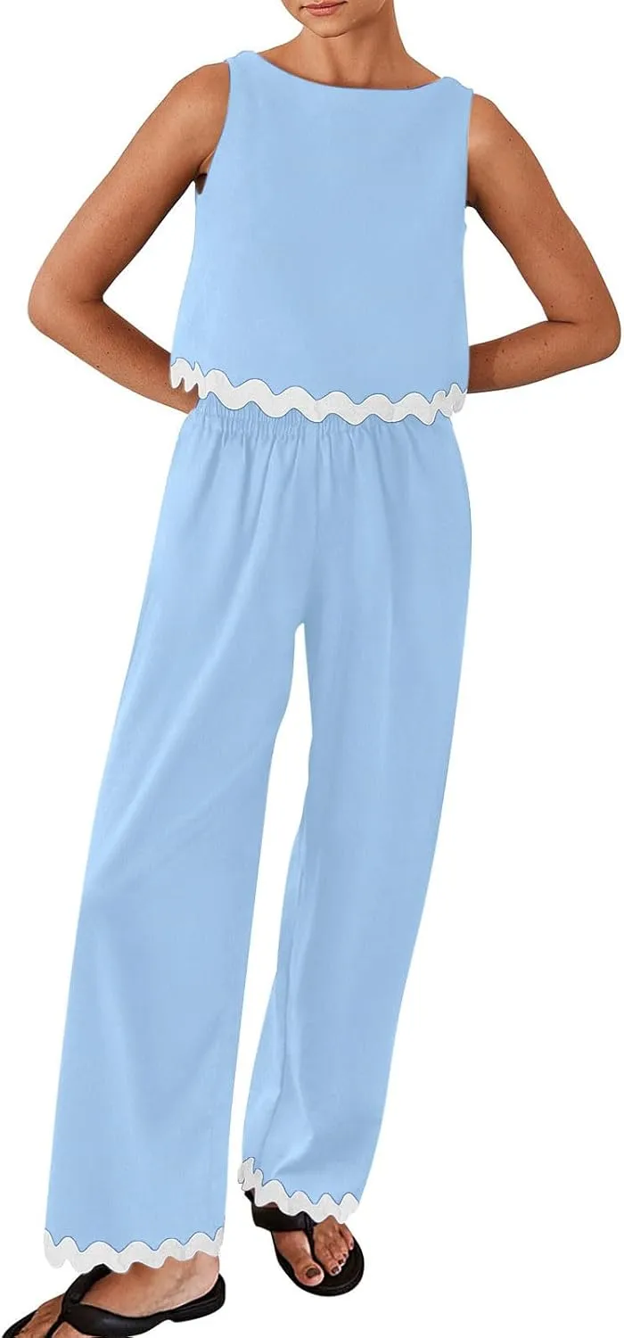 Summer Vacation Outfits For Women 2024 Casual Sleeveless Ric Rac Crop Tops Wide Leg Long Pants Matching Lounge Set