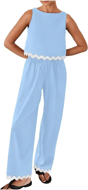 Summer Vacation Outfits For Women 2024 Casual Sleeveless Ric Rac Crop Tops Wide Leg Long Pants Matching Lounge Set