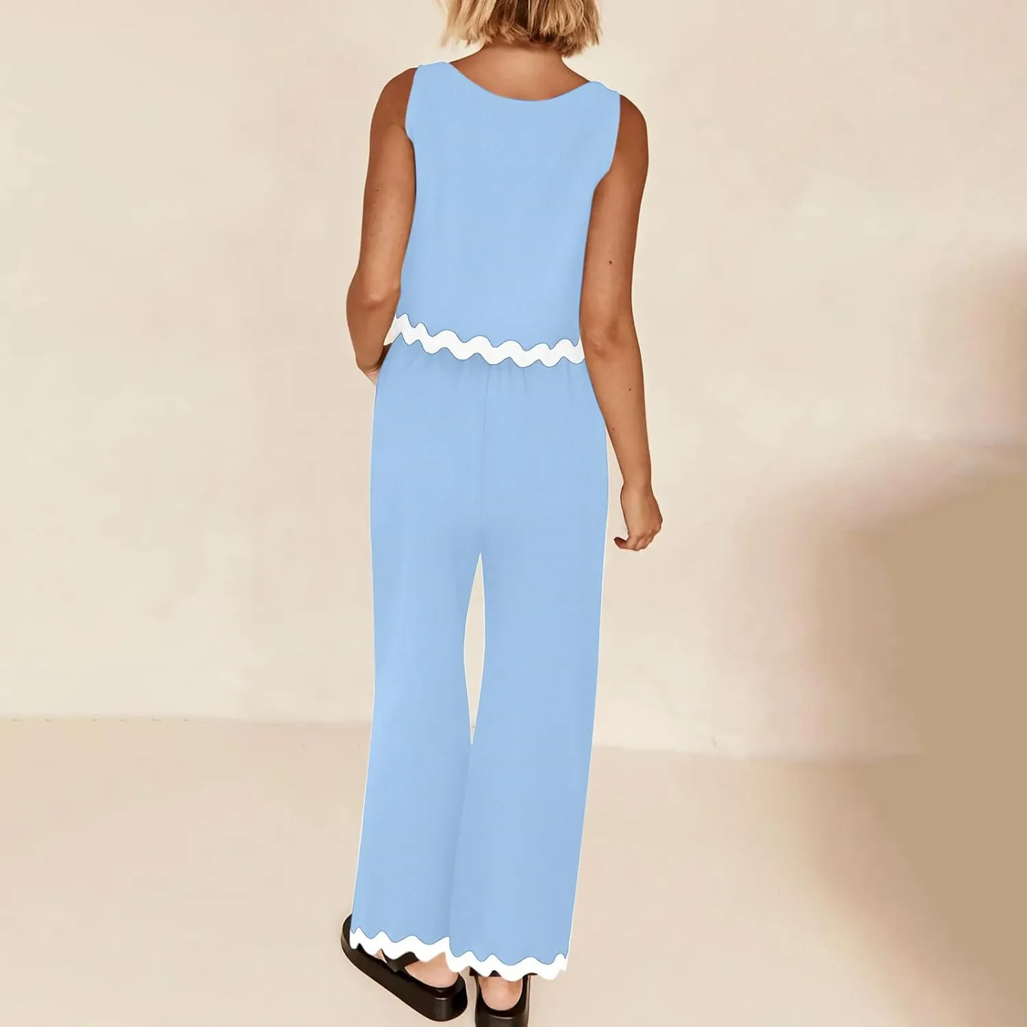 Summer Vacation Outfits For Women 2024 Casual Sleeveless Ric Rac Crop Tops Wide Leg Long Pants Matching Lounge Set