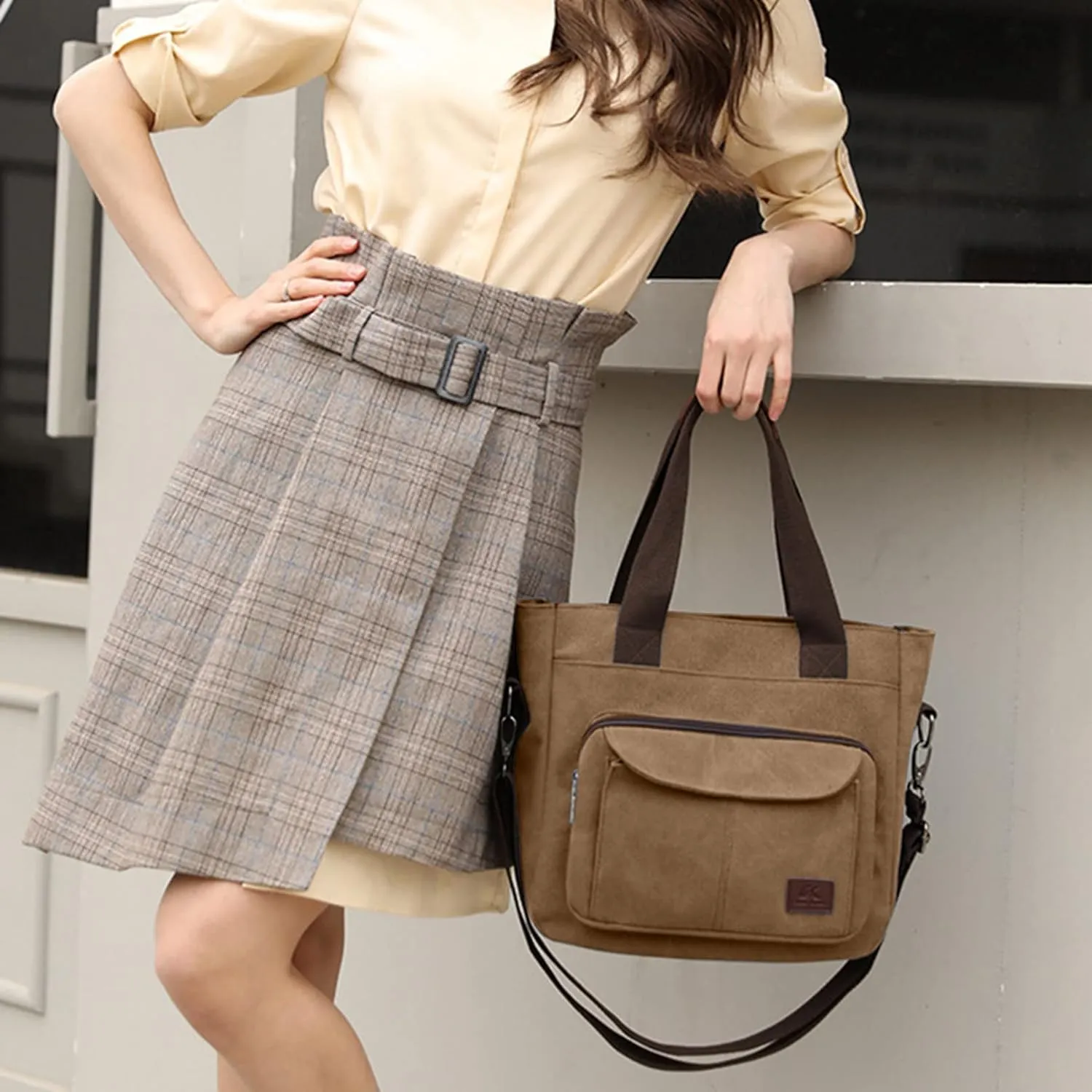 Sunshinejing Women's Canvas Tote Purse Shoulder Crossbody Bag Small Handbag Multi-pocket Top Handle Work Bags
