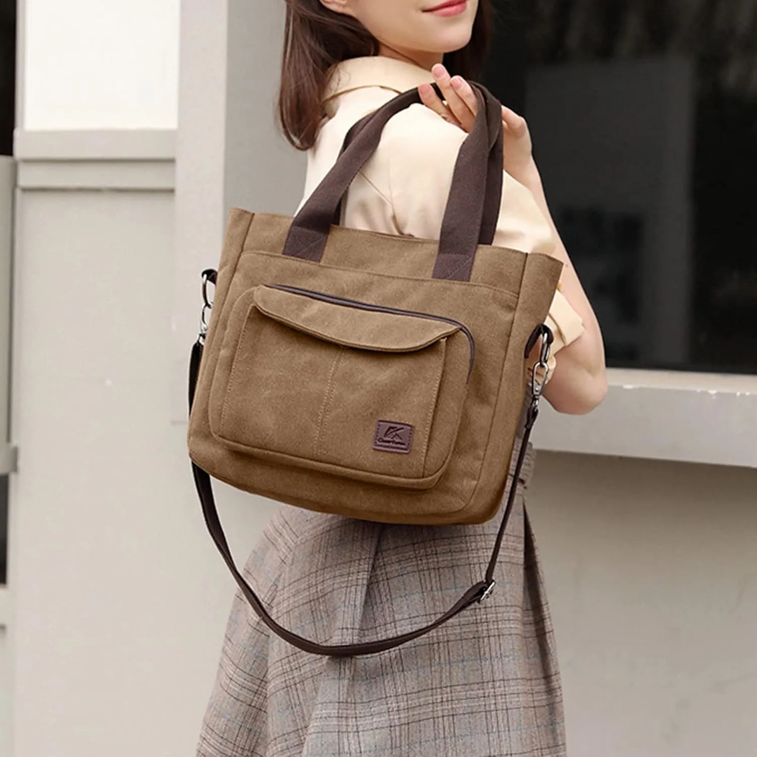 Sunshinejing Women's Canvas Tote Purse Shoulder Crossbody Bag Small Handbag Multi-pocket Top Handle Work Bags