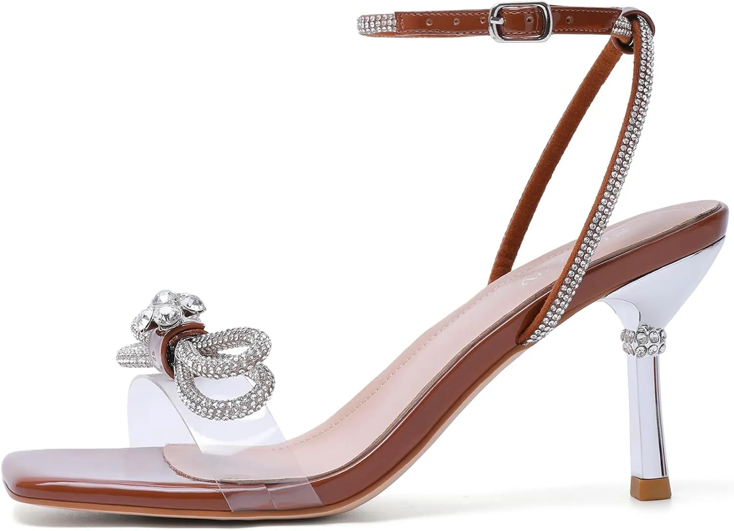 Susanny Women's Closed Toe Rhinstone Wedding Low Heel Slingback Clear Kitten Heels,Adjustable Strap Pointed Toe Bow Pumps High Heeled Prom Dress Shoes