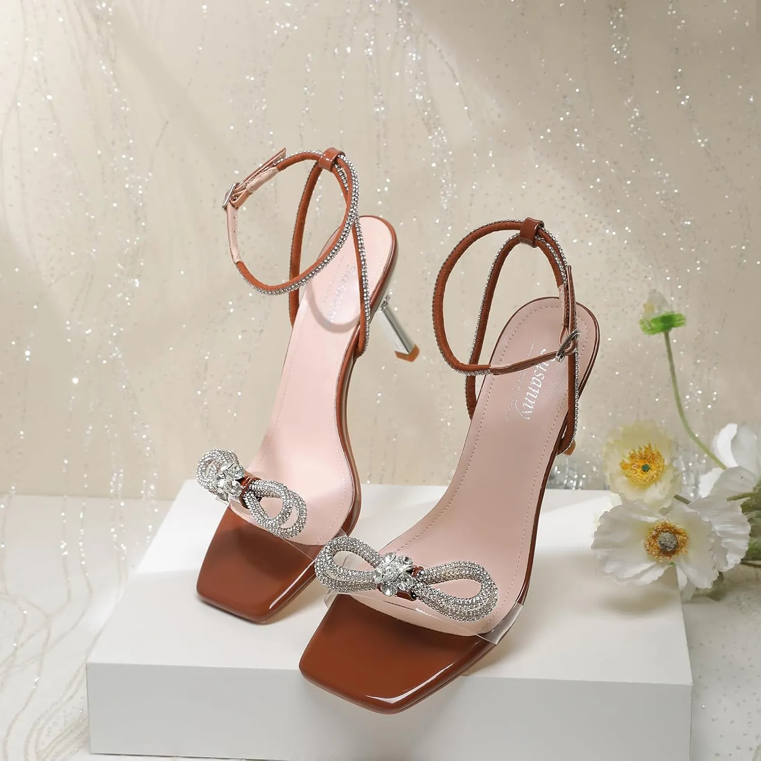 Susanny Women's Closed Toe Rhinstone Wedding Low Heel Slingback Clear Kitten Heels,Adjustable Strap Pointed Toe Bow Pumps High Heeled Prom Dress Shoes
