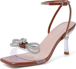 Susanny Women's Closed Toe Rhinstone Wedding Low Heel Slingback Clear Kitten Heels,Adjustable Strap Pointed Toe Bow Pumps High Heeled Prom Dress Shoes