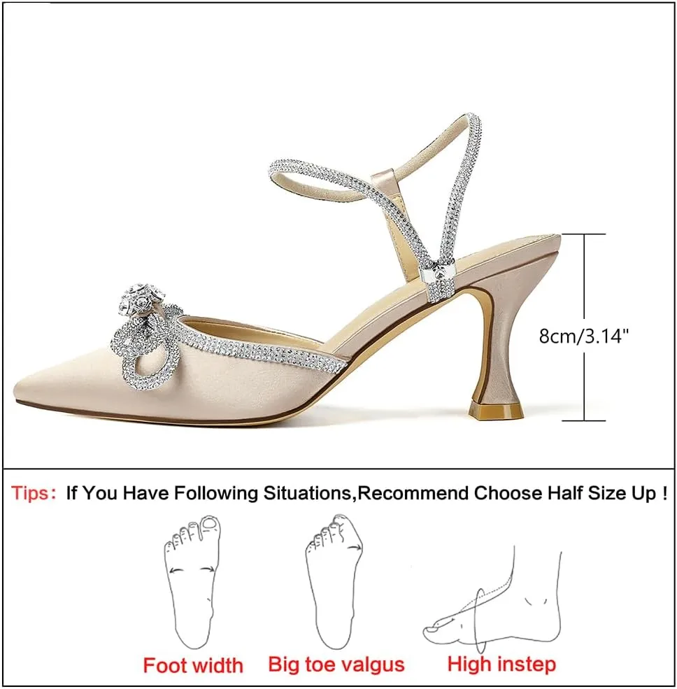 Susanny Women's Closed Toe Rhinstone Wedding Low Heel Slingback Clear Kitten Heels,Adjustable Strap Pointed Toe Bow Pumps High Heeled Prom Dress Shoes