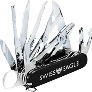 Swiss Eagle 30-in-1 Classic Swiss Pocket Knife, Premium Multi Tool Pocket Knife Navaja Suiza with Large Blade, Scissor, Screwdriver, Plier, Magnifying Glass, Tweezer & More for Outdoors - Black