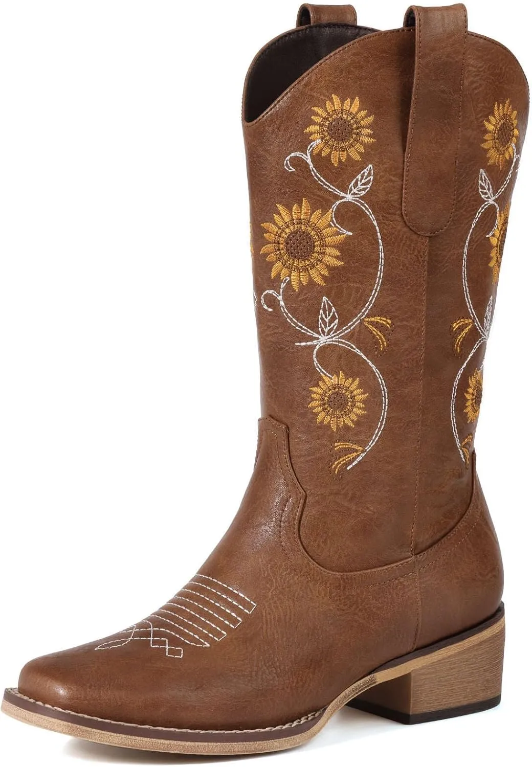 Tan Cowboy Boots for Women - Mid Calf Western Sunflower Cowgirl Boots with Floral Embroidery, Square Toe Stitched Pull On Retro Design, Perfect for Country Idyll, Concerts and More Size 7.5