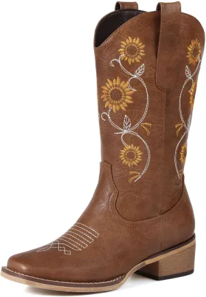 Tan Cowboy Boots for Women - Mid Calf Western Sunflower Cowgirl Boots with Floral Embroidery, Square Toe Stitched Pull On Retro Design, Perfect for Country Idyll, Concerts and More Size 7.5