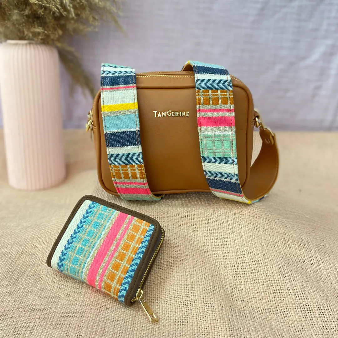 Tan Dual Compartment Bag with Tan Vibrant Belt   Mini Wallet   Big Wallet Combo