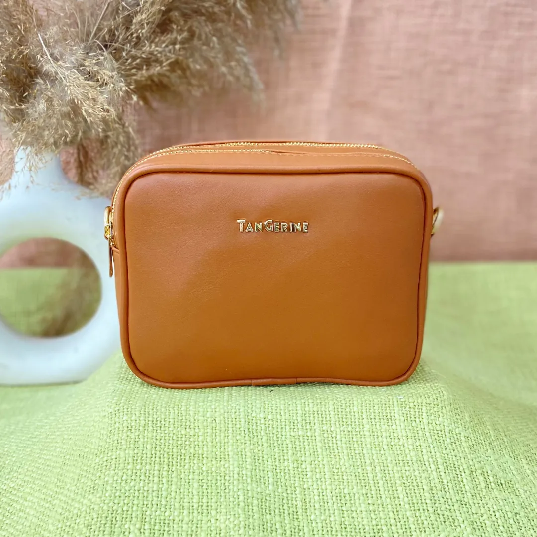 Tan Dual Compartment Bag with Tan Vibrant Belt   Mini Wallet   Big Wallet Combo