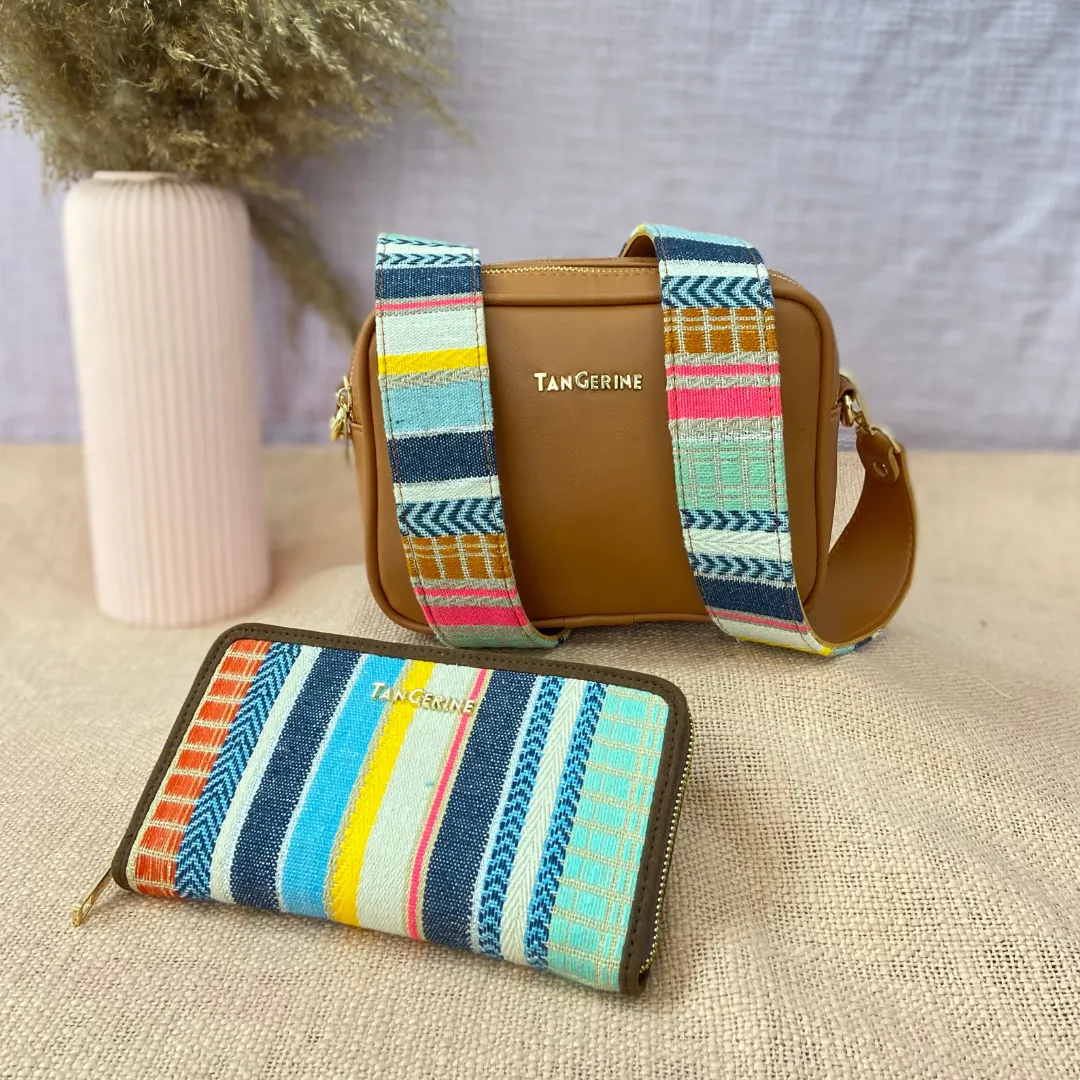 Tan Dual Compartment Bag with Tan Vibrant Belt   Mini Wallet   Big Wallet Combo