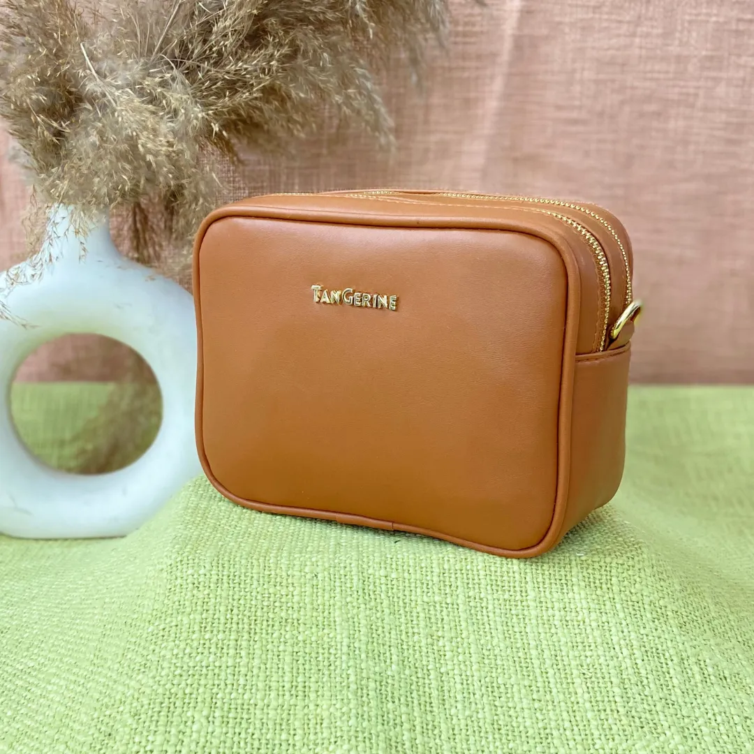 Tan Dual Compartment Bag with Tan Vibrant Belt   Mini Wallet   Big Wallet Combo