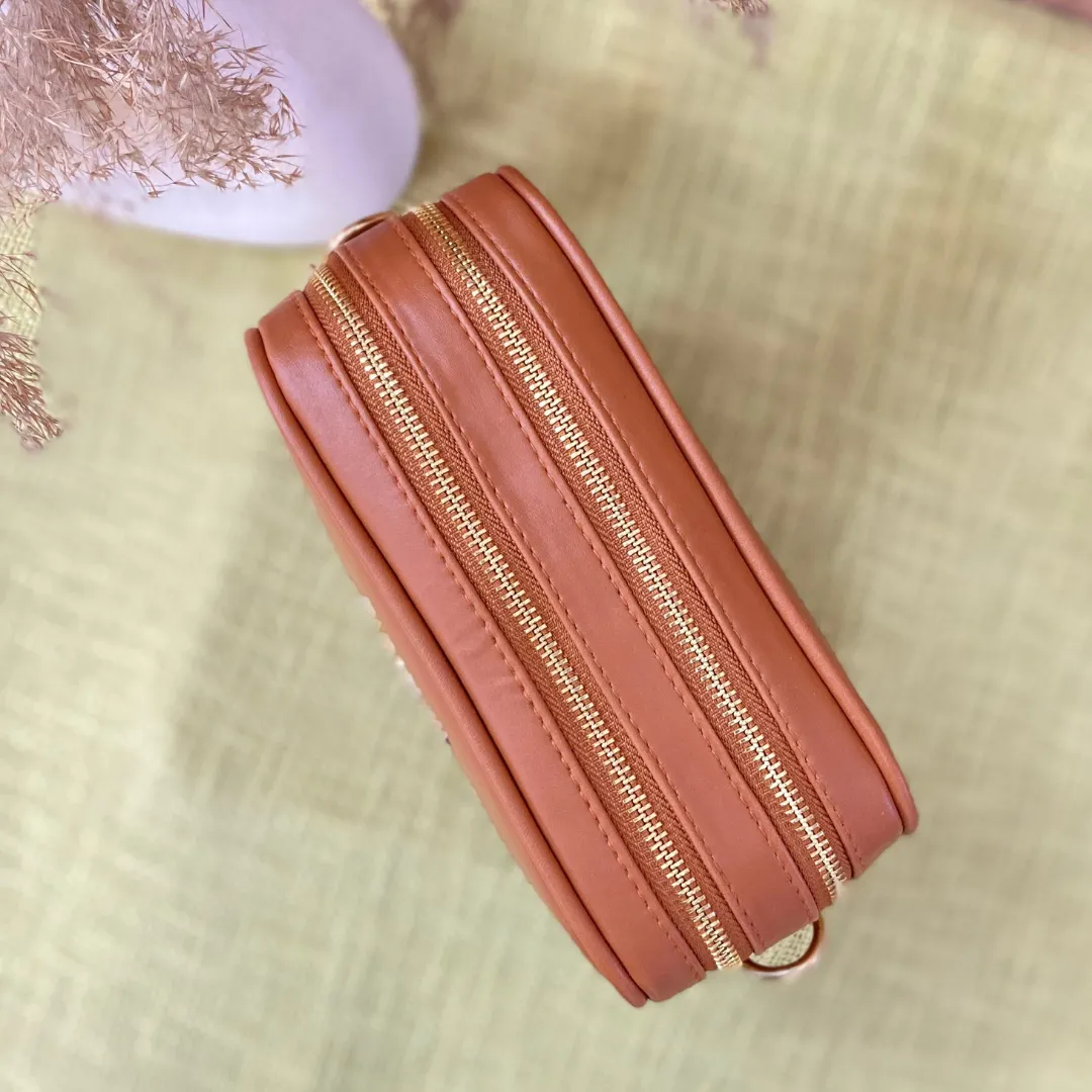 Tan Dual Compartment Bag with Tan Vibrant Belt   Mini Wallet   Big Wallet Combo