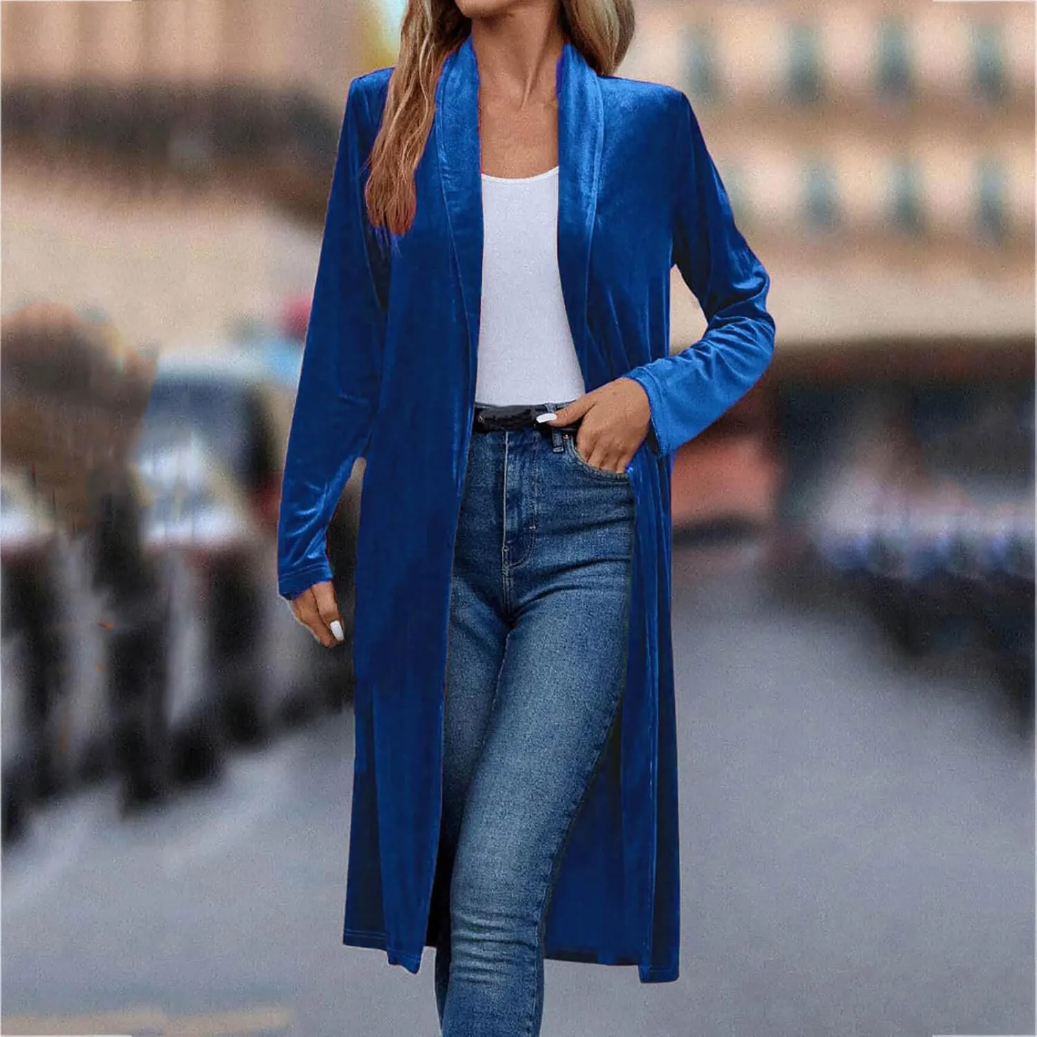TANGNADE Velvet Cardigan Jackets for Women Long Lapel Collar Open Front Elegant Velour Blazer Cardigan Trench Coat