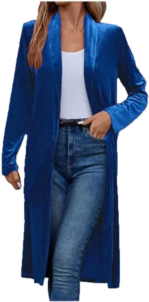 TANGNADE Velvet Cardigan Jackets for Women Long Lapel Collar Open Front Elegant Velour Blazer Cardigan Trench Coat