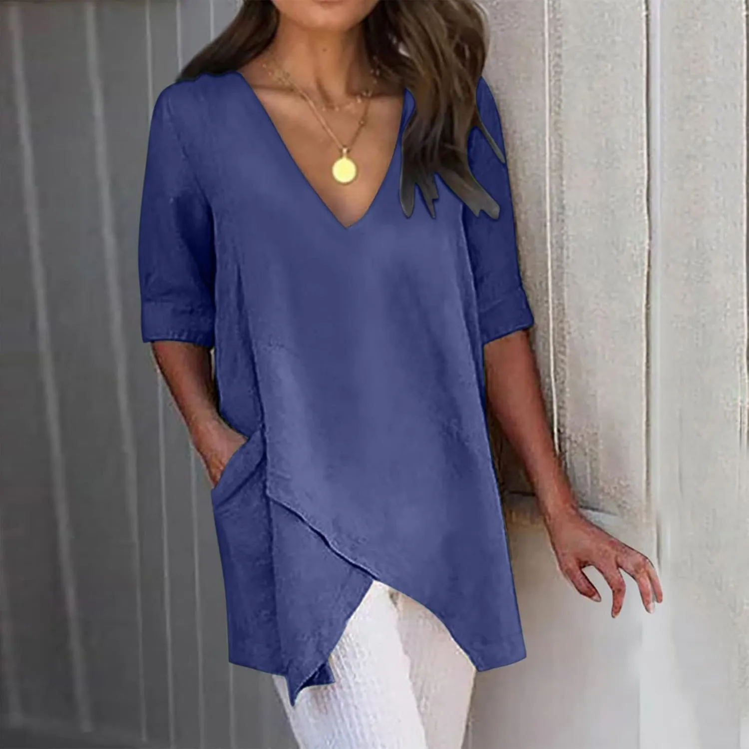 TANGNADE Women's Linen Blouse Tunic Half Short Sleeve Shirt V Neck Tops Irregular Hem Blouse T-Shirts Summer Tunic