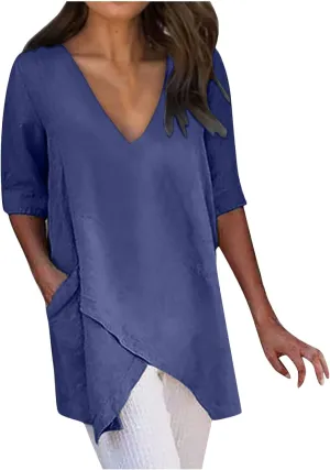 TANGNADE Women's Linen Blouse Tunic Half Short Sleeve Shirt V Neck Tops Irregular Hem Blouse T-Shirts Summer Tunic
