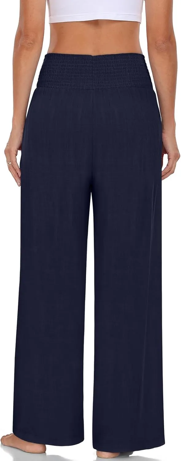 TARSE Womens Summer Linen Palazzo Pants Boho High Waisted Wide Leg Casual Long Lounge Pant Trousers with Pockets