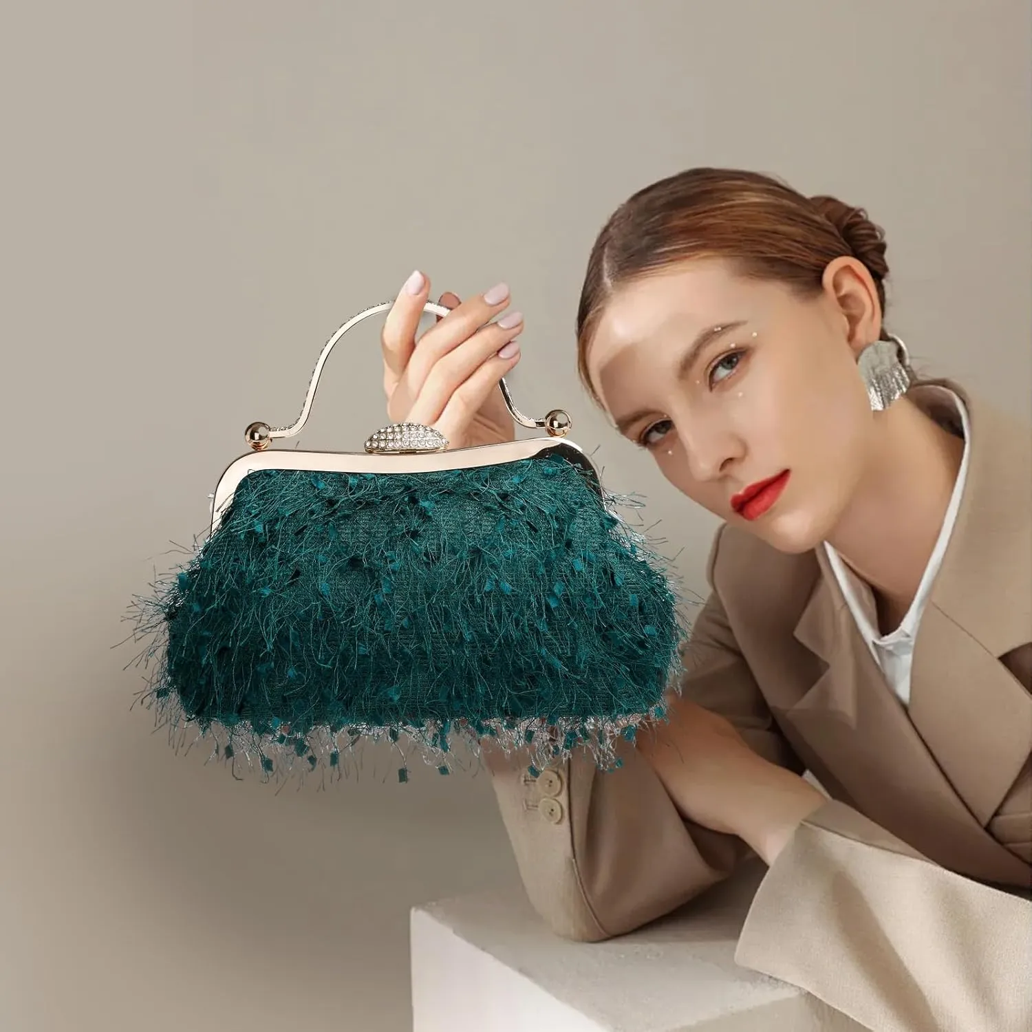 Tassel Women's Evening Handbag Cocktail Prom Formal Clutch Purse Feather Elegant Shoulder Bag for Wedding Banquet