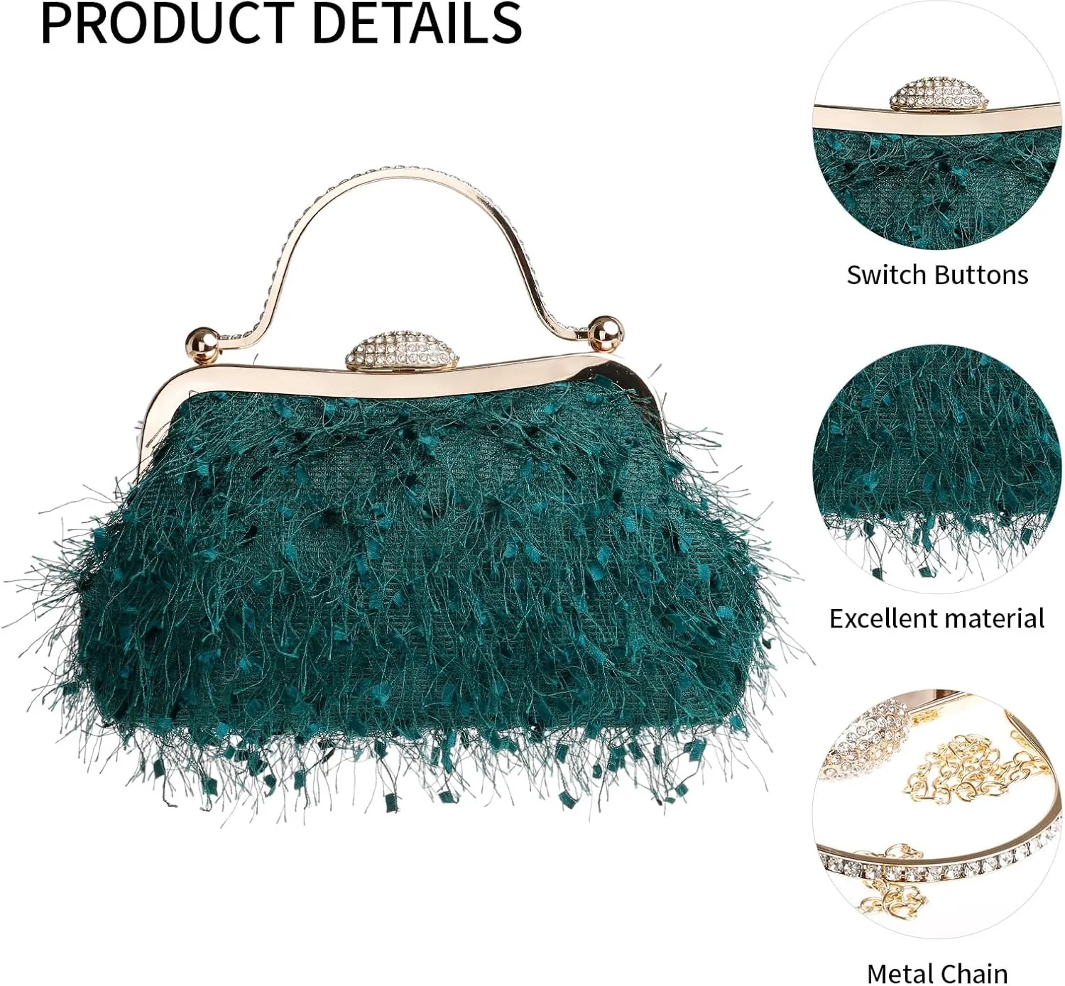Tassel Women's Evening Handbag Cocktail Prom Formal Clutch Purse Feather Elegant Shoulder Bag for Wedding Banquet