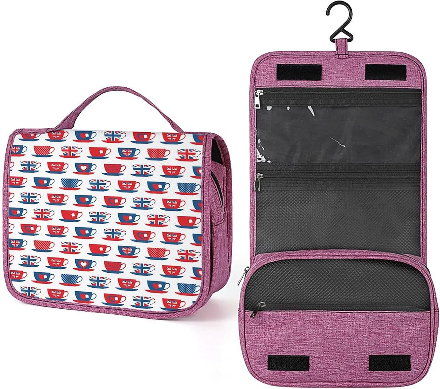 Tea Party Theme,Toiletry Bag Hanging Travel Makeup Organizer,Britain Themed Teacup Hearts Flags,Cosmetic Makeup Bag for Full Sized Toiletries,Blue Red, 215-SDS0326MakeupBagA1850