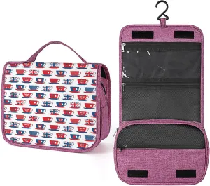 Tea Party Theme,Toiletry Bag Hanging Travel Makeup Organizer,Britain Themed Teacup Hearts Flags,Cosmetic Makeup Bag for Full Sized Toiletries,Blue Red, 215-SDS0326MakeupBagA1850