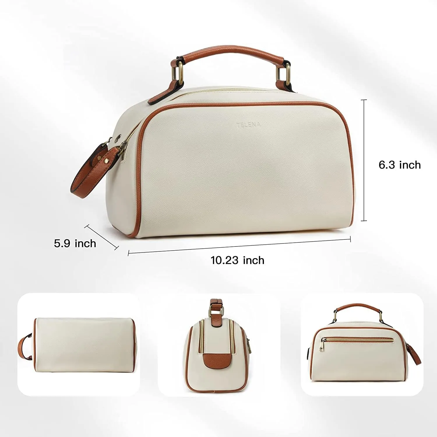 Telena Travel Toiletry Bag Makeup Cosmetic Bags for Women Waterproof PU Leather Toiletry Organizer Portable Large Capacity Beige with Brown