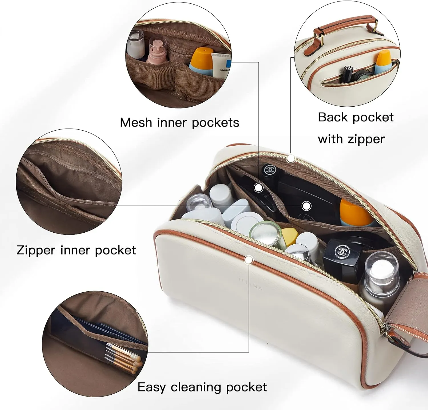 Telena Travel Toiletry Bag Makeup Cosmetic Bags for Women Waterproof PU Leather Toiletry Organizer Portable Large Capacity Beige with Brown