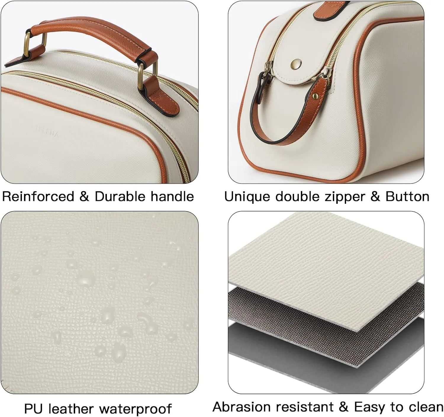 Telena Travel Toiletry Bag Makeup Cosmetic Bags for Women Waterproof PU Leather Toiletry Organizer Portable Large Capacity Beige with Brown